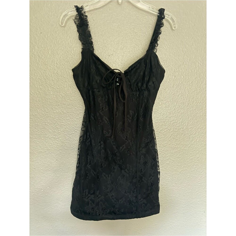 Reclaimed Vintage Black Lace Tie-Front Mini Dress - US Size 2 XS
